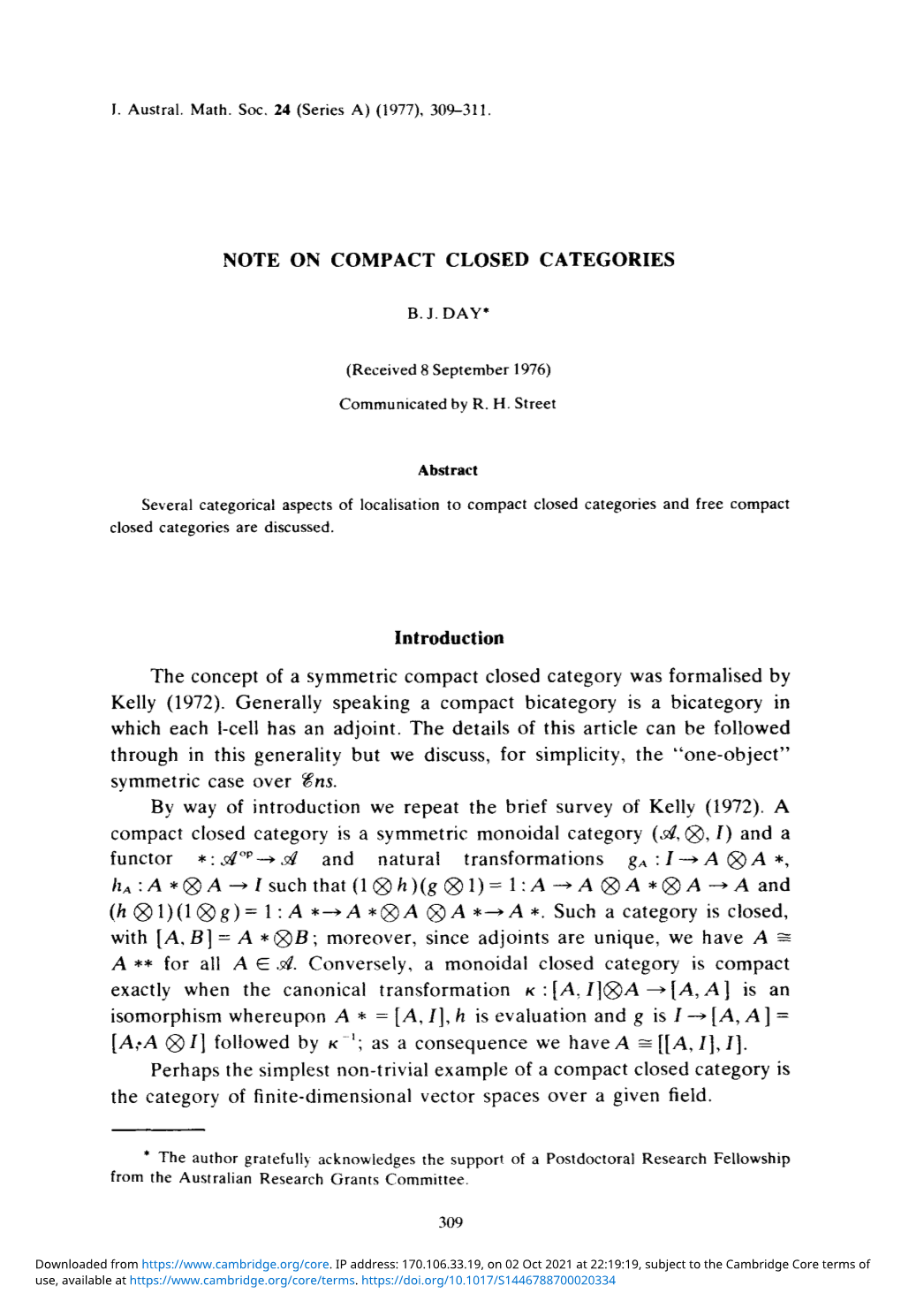 Note on Compact Closed Categories