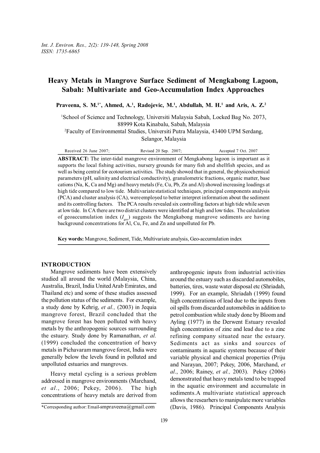 Heavy Metals in Mangrove Surface Sediment of Mengkabong Lagoon, Sabah: Multivariate and Geo-Accumulation Index Approaches