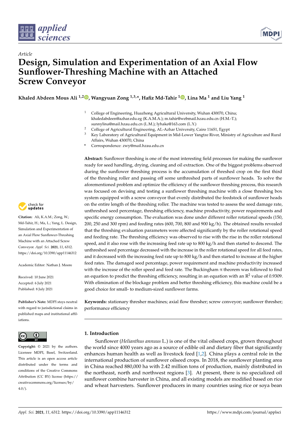 Design, Simulation and Experimentation of an Axial Flow Sunﬂower-Threshing Machine with an Attached Screw Conveyor