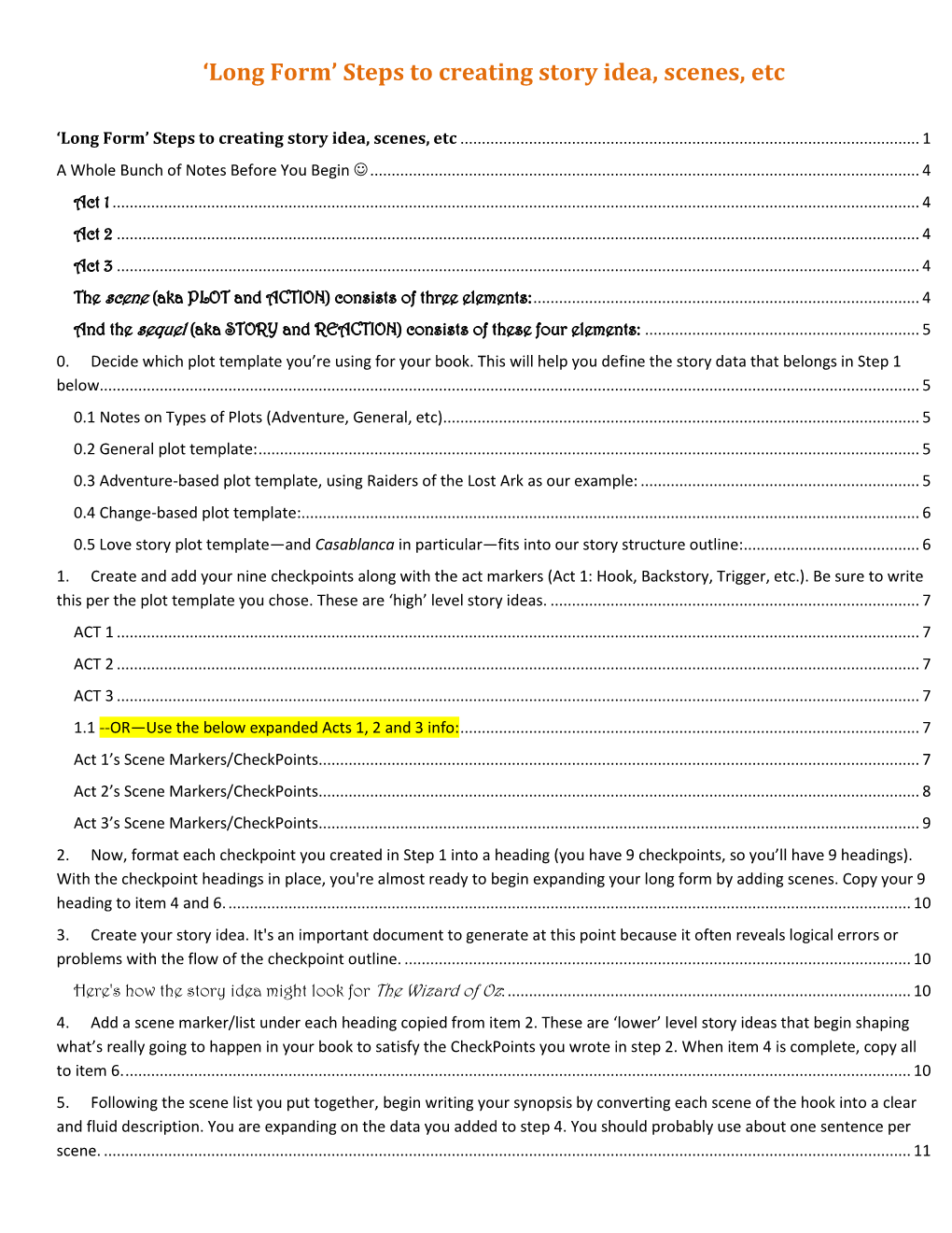 'Long Form' Steps to Creating Story Idea, Scenes