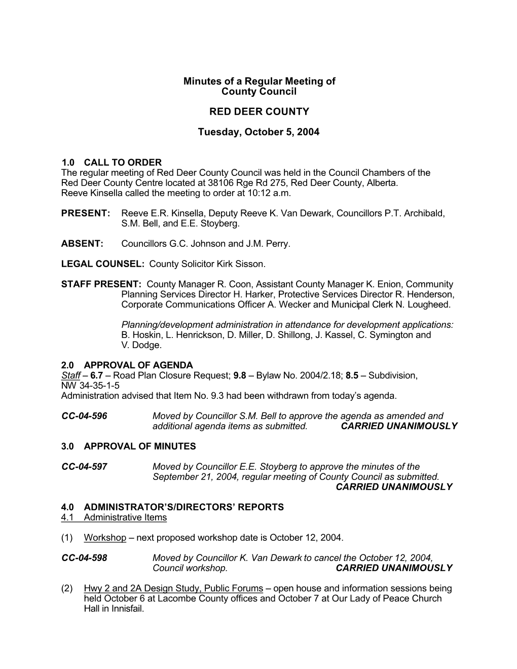 Minutes of a Regular Meeting of County Council RED DEER