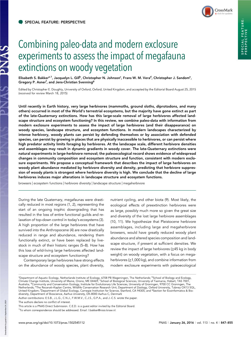 Combining Paleo-Data and Modern Exclosure Experiments to Assess the Impact of Megafauna SPECIAL FEATURE: PERSPECTIVE Extinctions on Woody Vegetation Elisabeth S