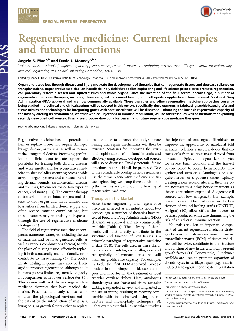 Regenerative Medicine: Current Therapies and Future Directions Angelo S