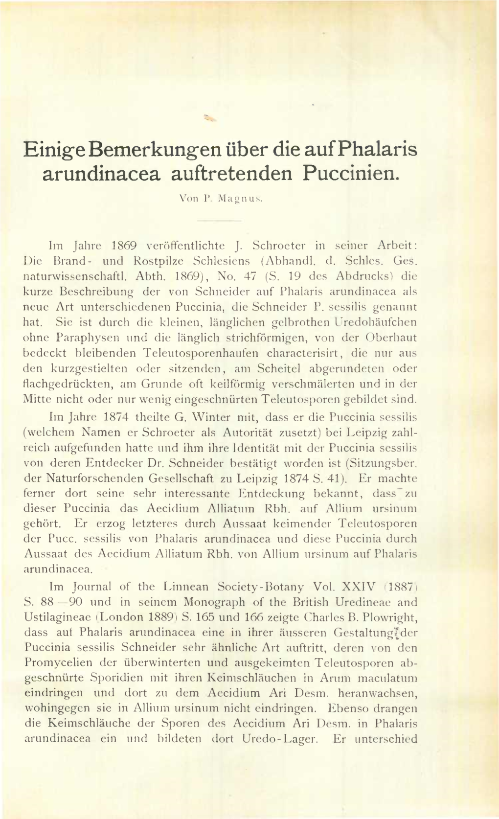 Einige Bemerkungen Über Die Auf Phalaris Arundinacea Auftretenden Puccinien