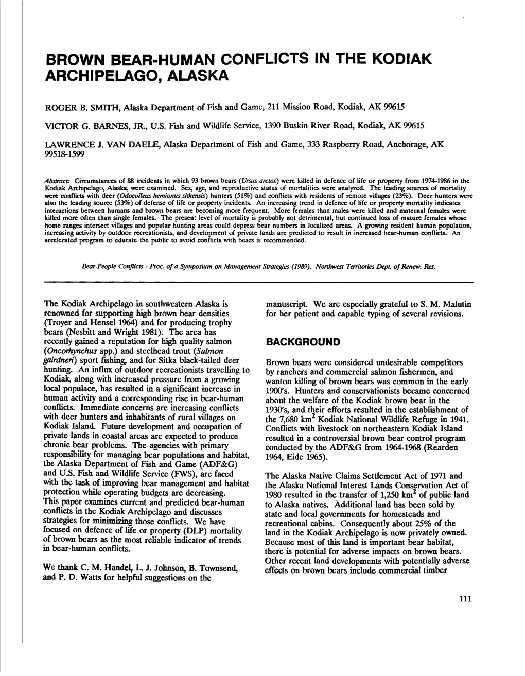 Brown Bear-Human Conflicts in the Kodiak Archipelago, Alaska`