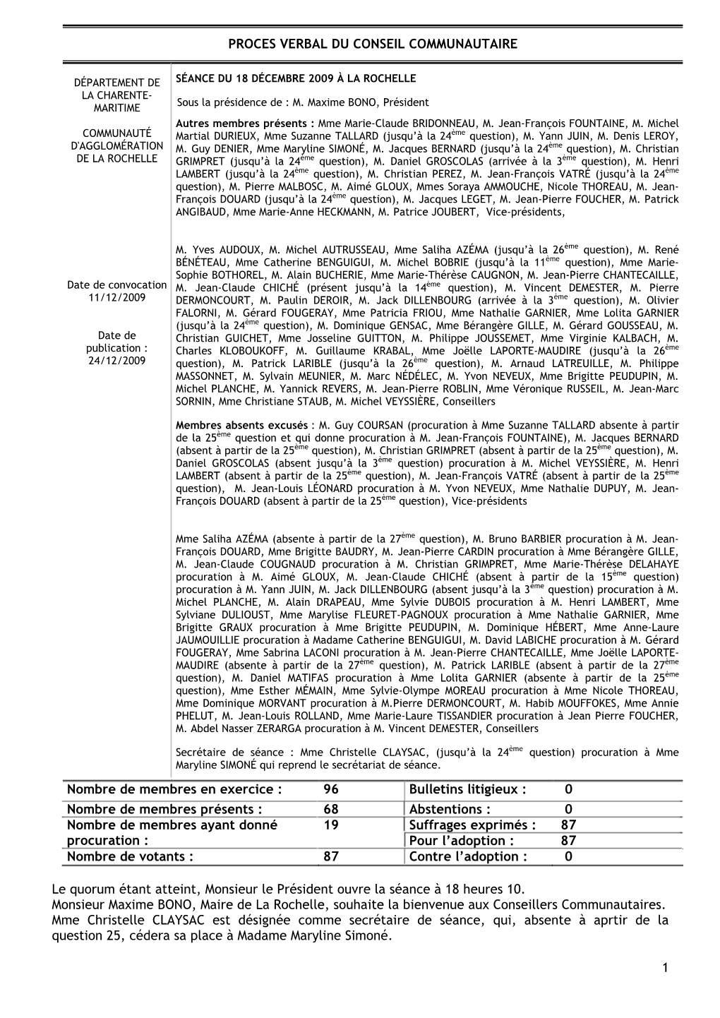 1 PROCES VERBAL DU CONSEIL COMMUNAUTAIRE Nombre De