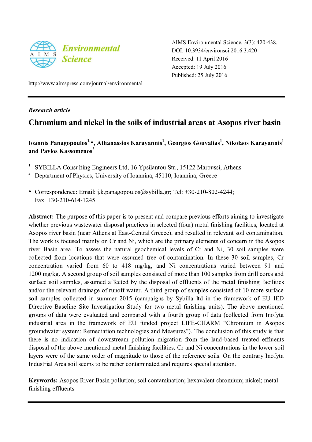 Chromium and Nickel in the Soils of Industrial Areas at Asopos River Basin