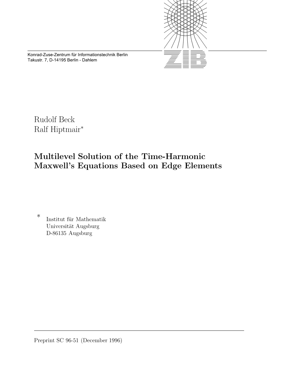 Rudolf Beck Ralf Hiptmair Multilevel Solution of the Time-Harmonic