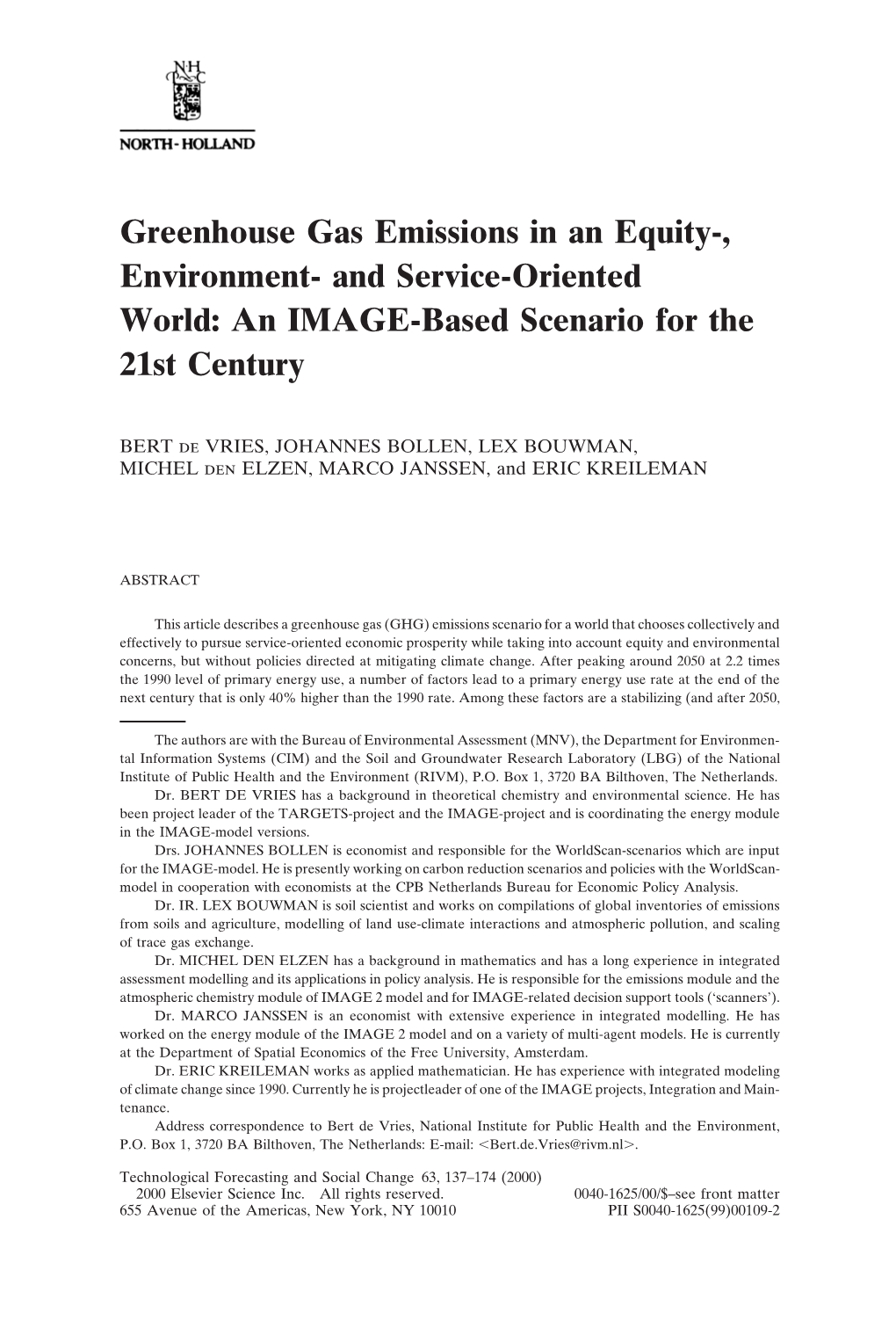 Greenhouse Gas Emissions in an Equity-, Environment- and Service-Oriented World: an IMAGE-Based Scenario for the 21St Century