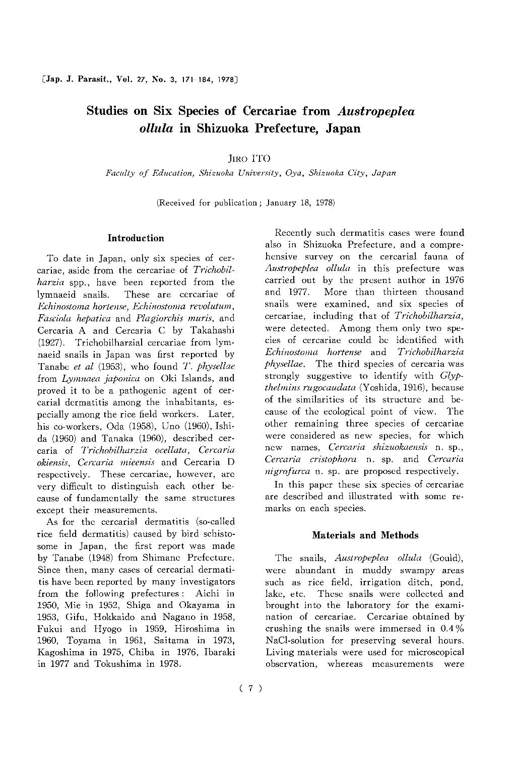 Studies on Six Species of Cercariae from Austropeplea Ollula in Shizuoka Prefecture, Japan