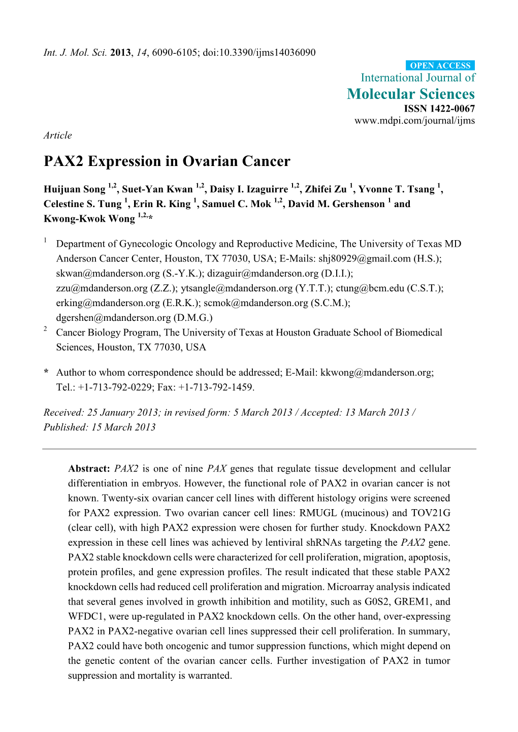 PAX2 Expression in Ovarian Cancer