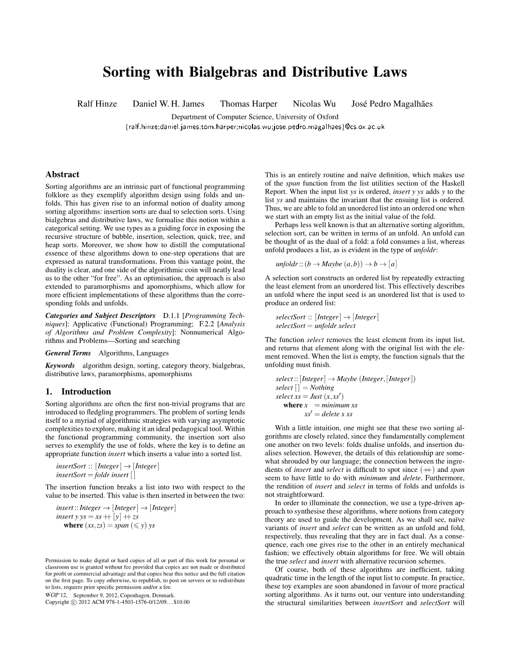 Sorting with Bialgebras and Distributive Laws