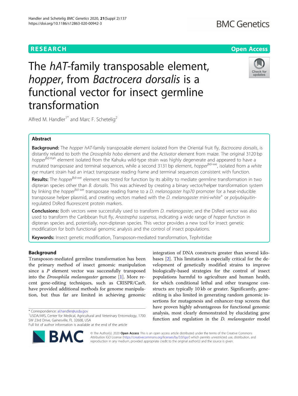 The Hat-Family Transposable Element, Hopper, from Bactrocera Dorsalis Is a Functional Vector for Insect Germline Transformation Alfred M