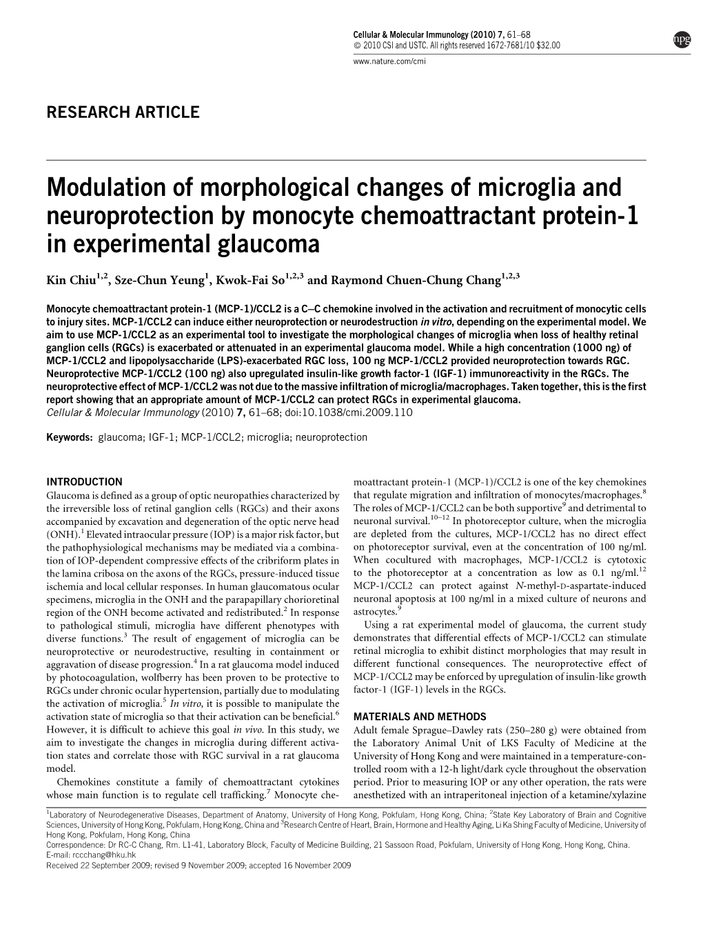 Modulation of Morphological Changes of Microglia and Neuroprotection by Monocyte Chemoattractant Protein-1 in Experimental Glaucoma