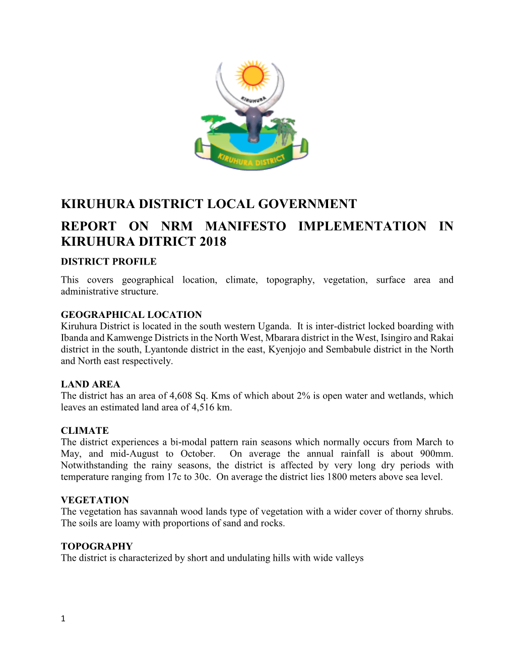 Kiruhura District Local Government Report on Nrm