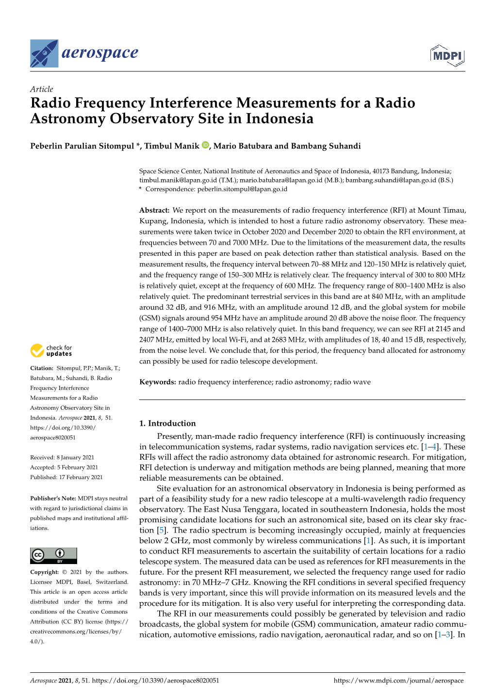 Radio Frequency Interference Measurements for a Radio Astronomy Observatory Site in Indonesia