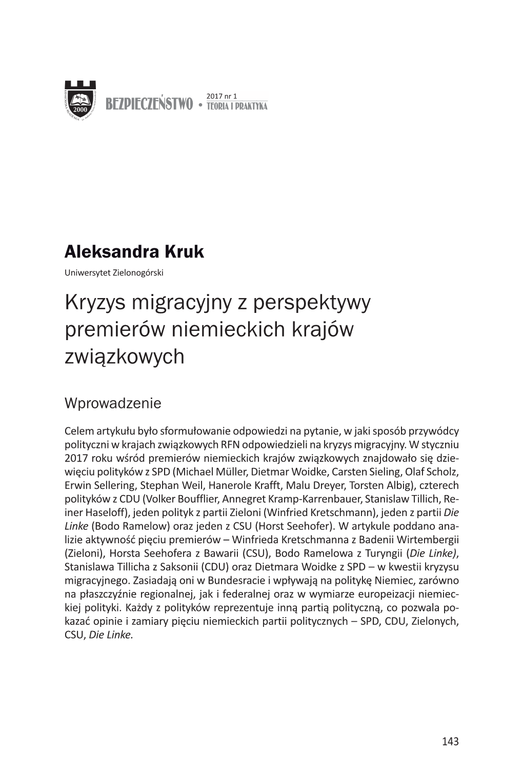 Kryzys Migracyjny Z Perspektywy Premierów Niemieckich Krajów Związkowych