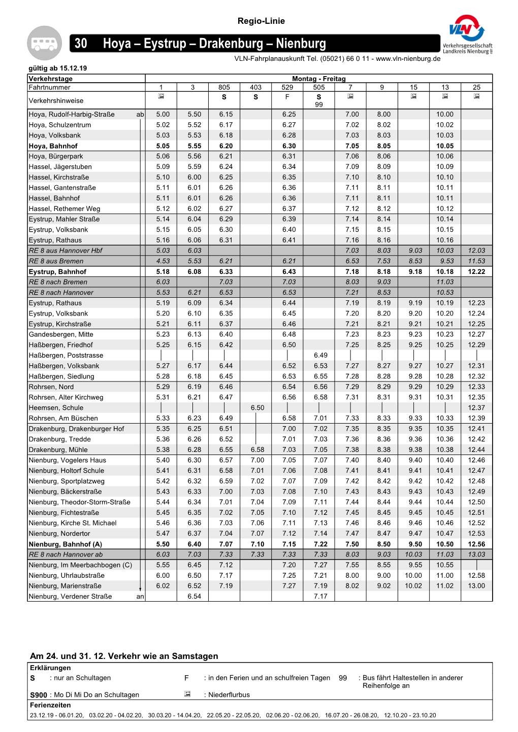 30 Hoya – Eystrup – Drakenburg – Nienburg VLN-Fahrplanauskunft Tel