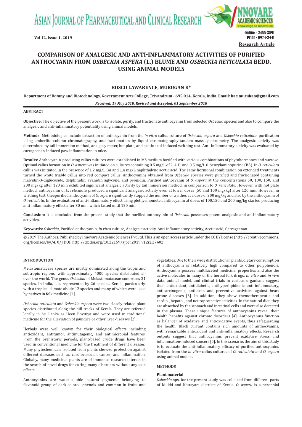 Comparison of Analgesic and Anti-Inflammatory Activities of Purified Anthocyanin from Osbeckia Aspera (L.) Blume and Osbeckia Reticulata Bedd