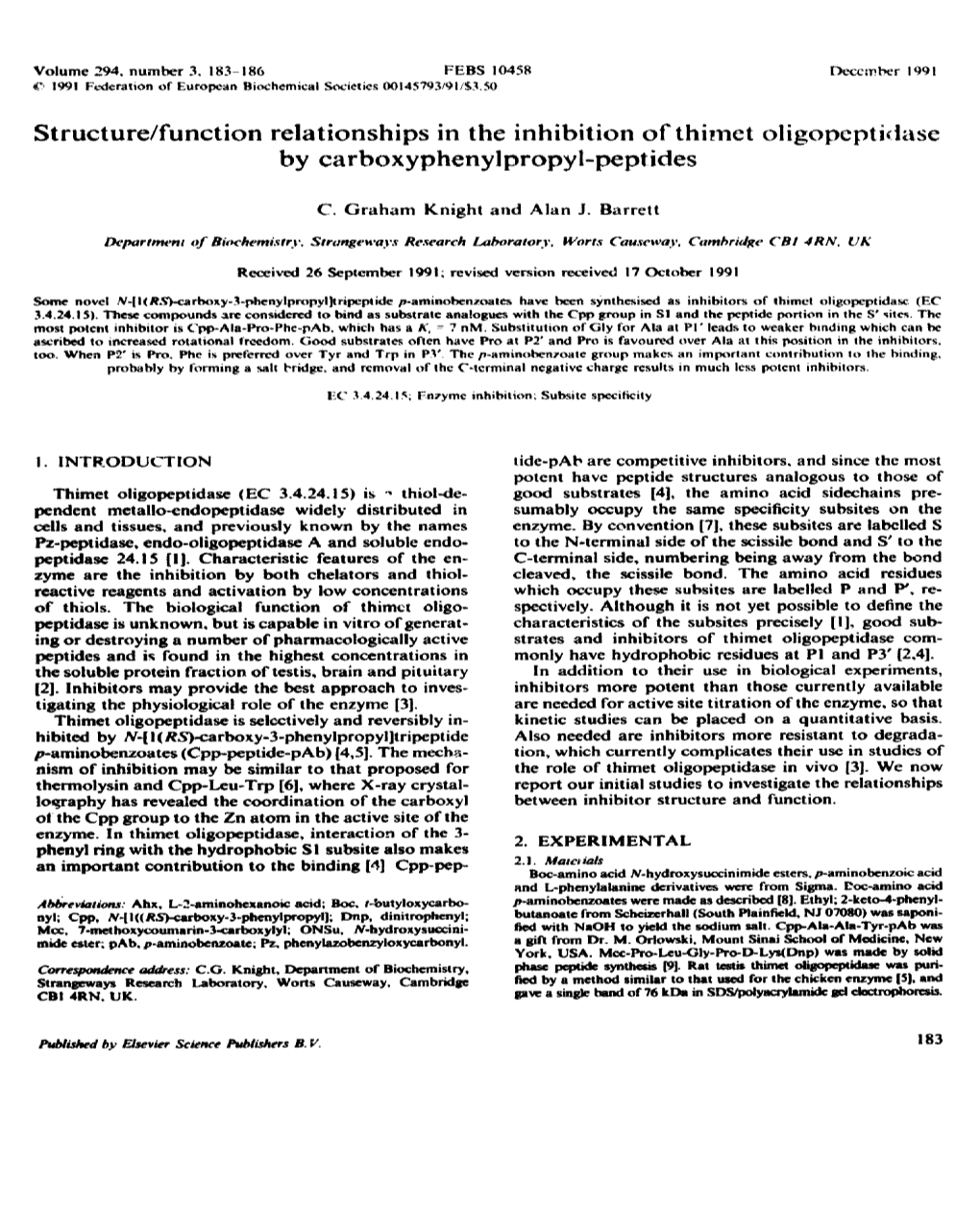 Structure/Function Relationships in the Inhibition of Thimet Oligopcpti,Tase by Carboxyphenyl Propyl-Peptides