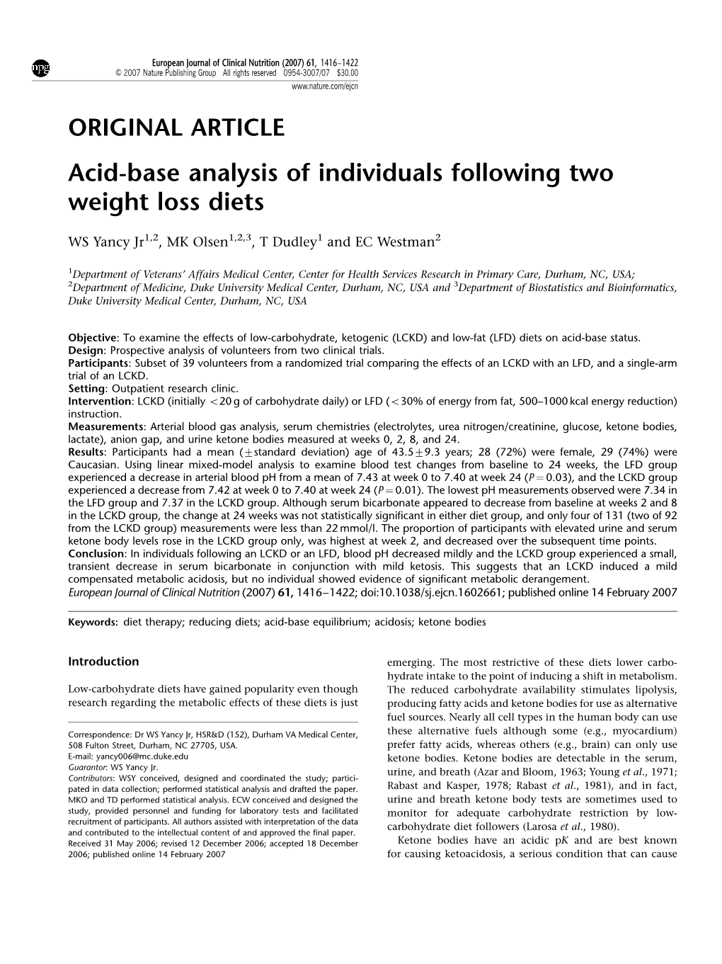 Acid-Base Analysis of Individuals Following Two Weight Loss Diets