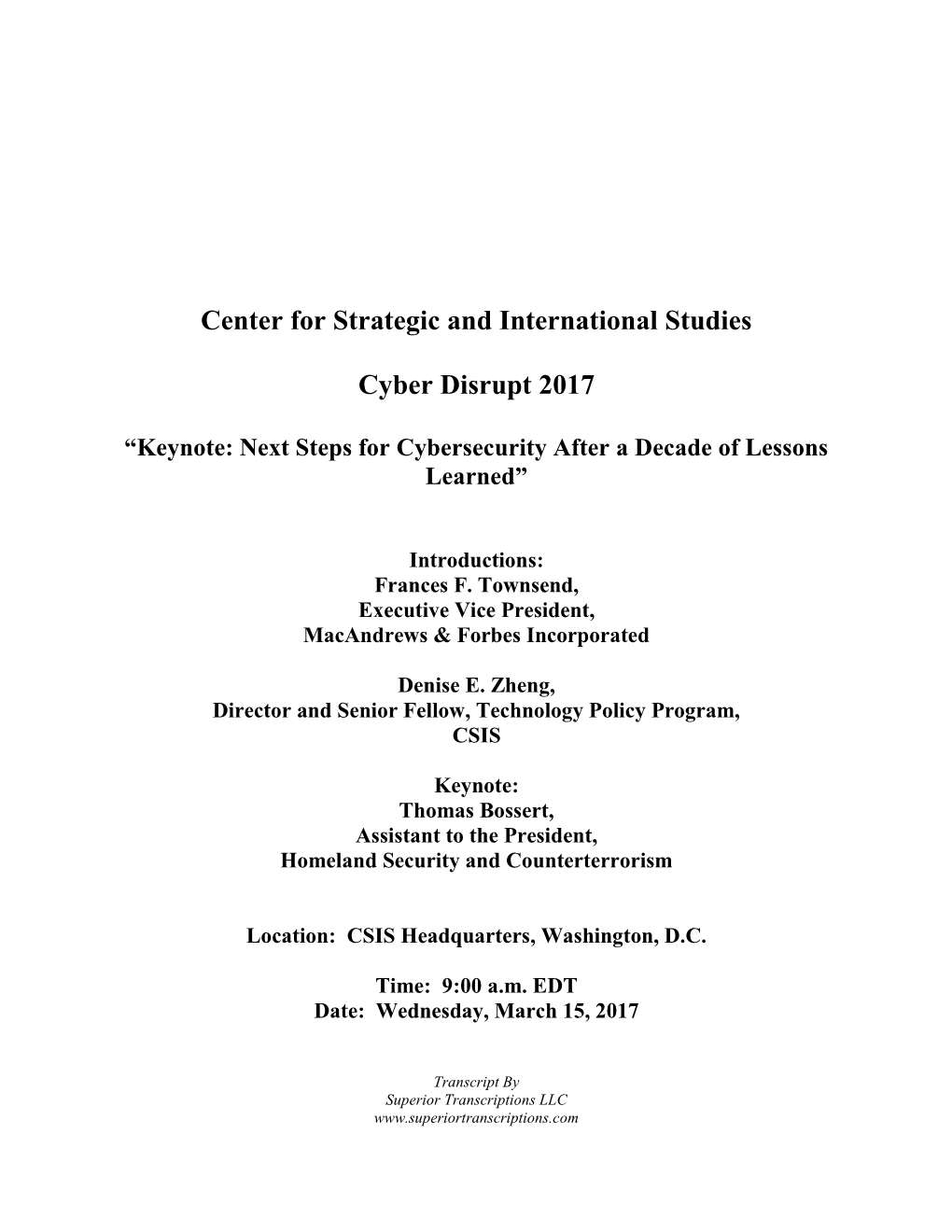 Center for Strategic and International Studies Cyber Disrupt 2017