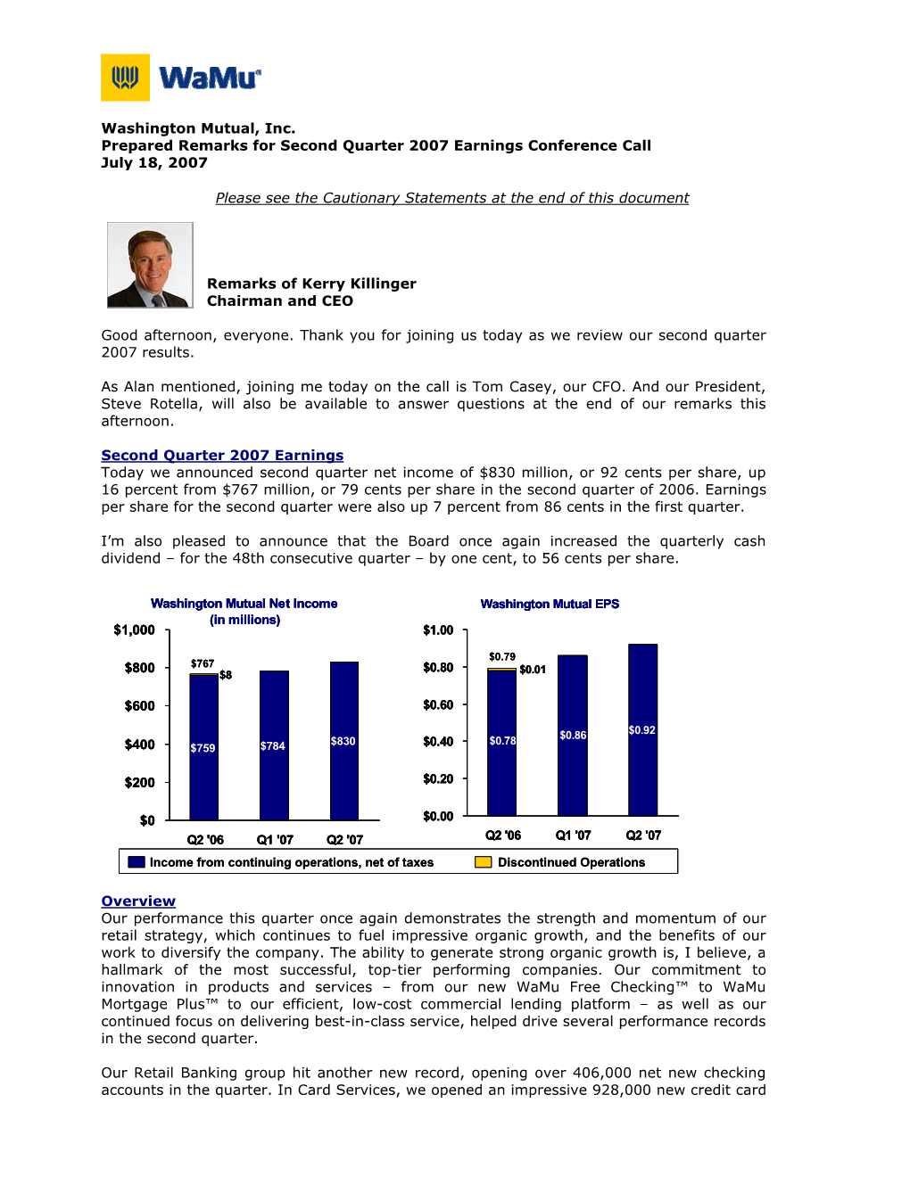 Washington Mutual, Inc. Prepared Remarks for Second Quarter 2007 Earnings Conference Call July 18, 2007