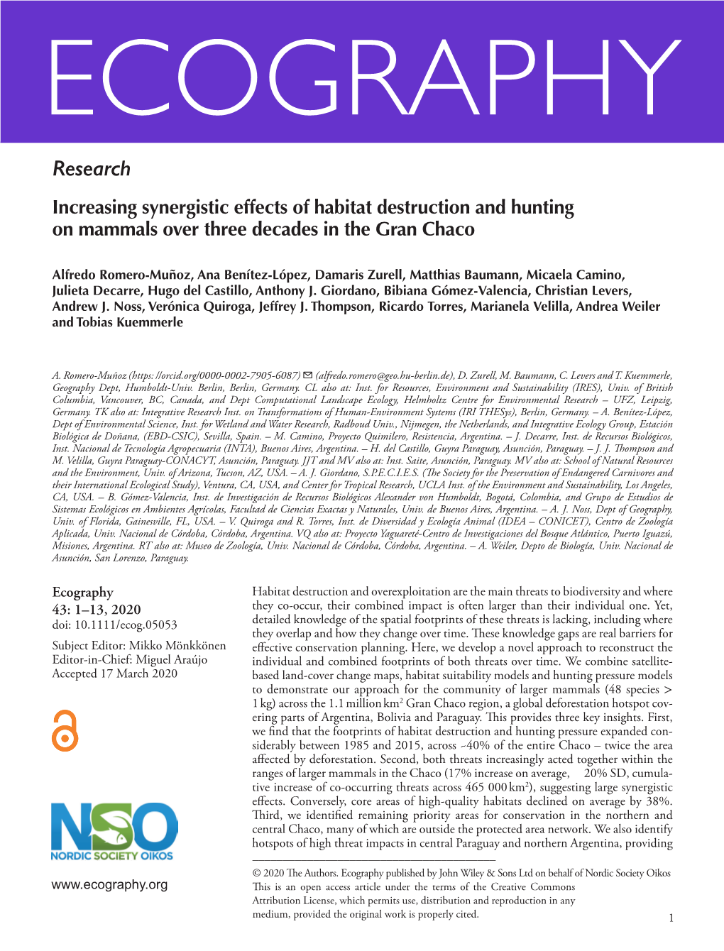 Increasing Synergistic Effects of Habitat Destruction and Hunting on Mammals Over Three Decades in the Gran Chaco