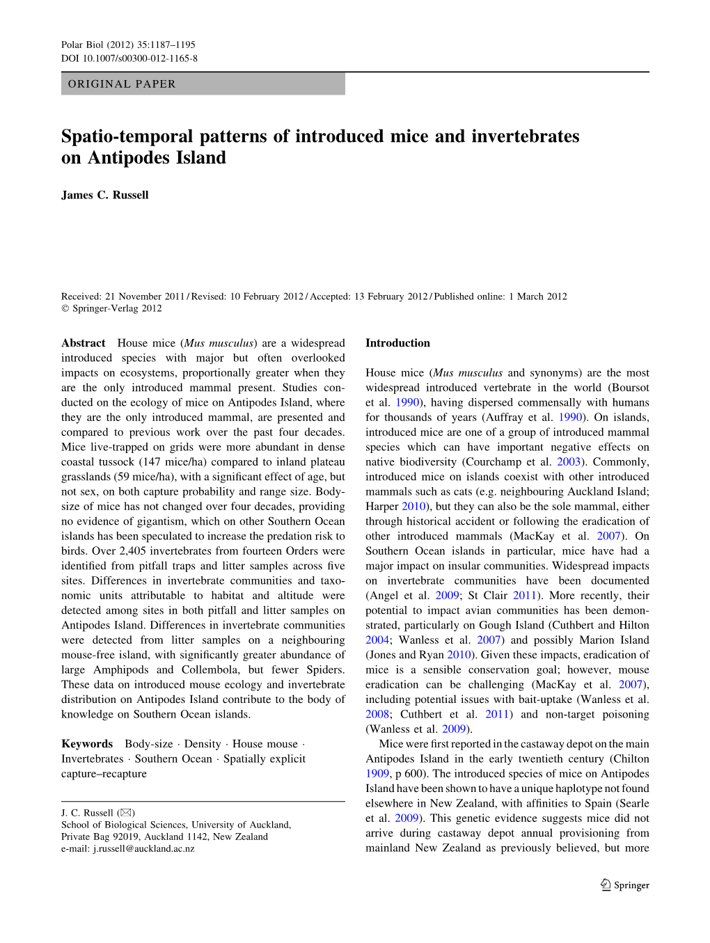 Spatio-Temporal Patterns of Introduced Mice and Invertebrates on Antipodes Island