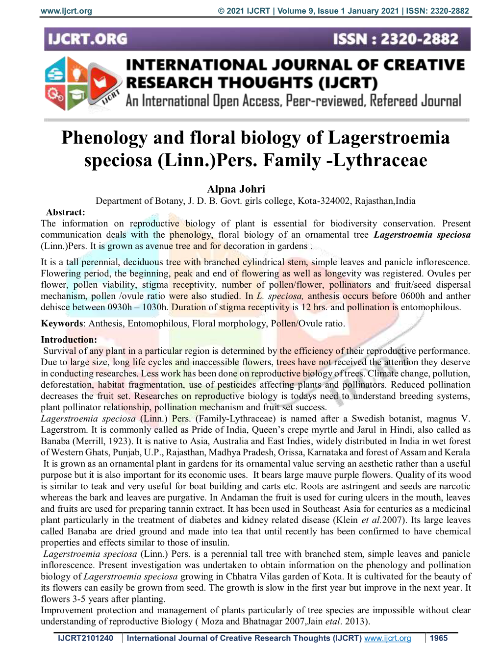 Phenology and Floral Biology of Lagerstroemia Speciosa (Linn.)Pers. Family -Lythraceae