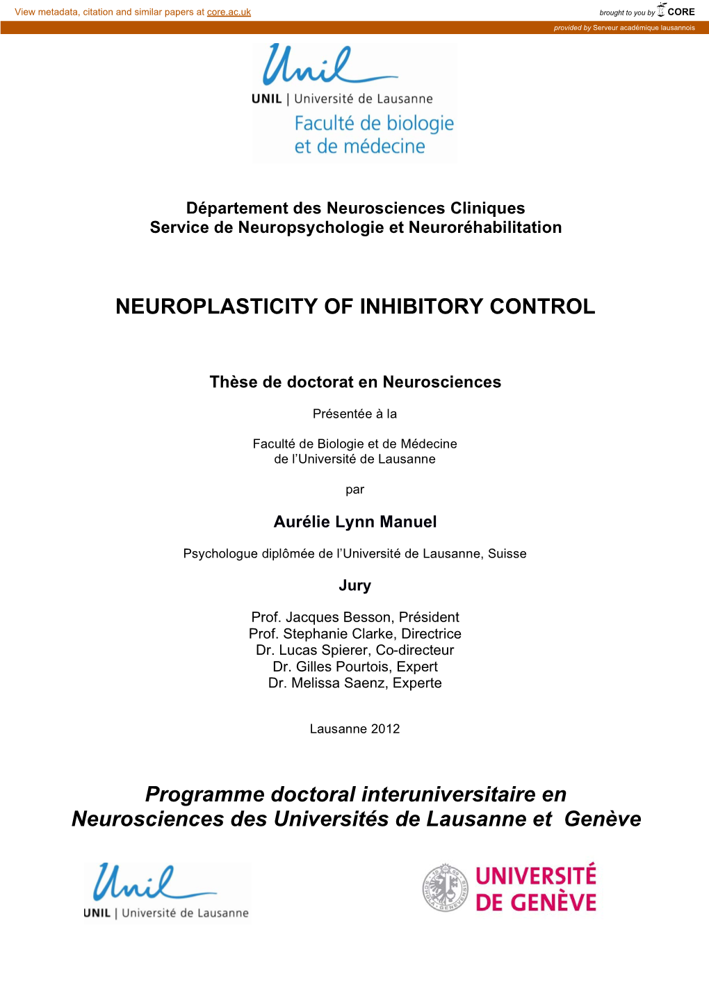 NEUROPLASTICITY of INHIBITORY CONTROL Programme