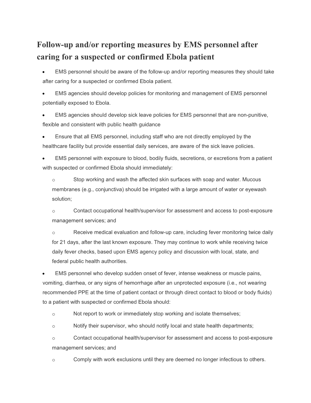 Follow-Up And/Or Reporting Measures by EMS Personnel After Caring for a Suspected Or Confirmed