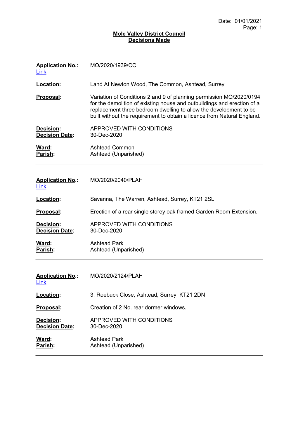 Date: 01/01/2021 Page: 1 Mole Valley District Council Decisions Made