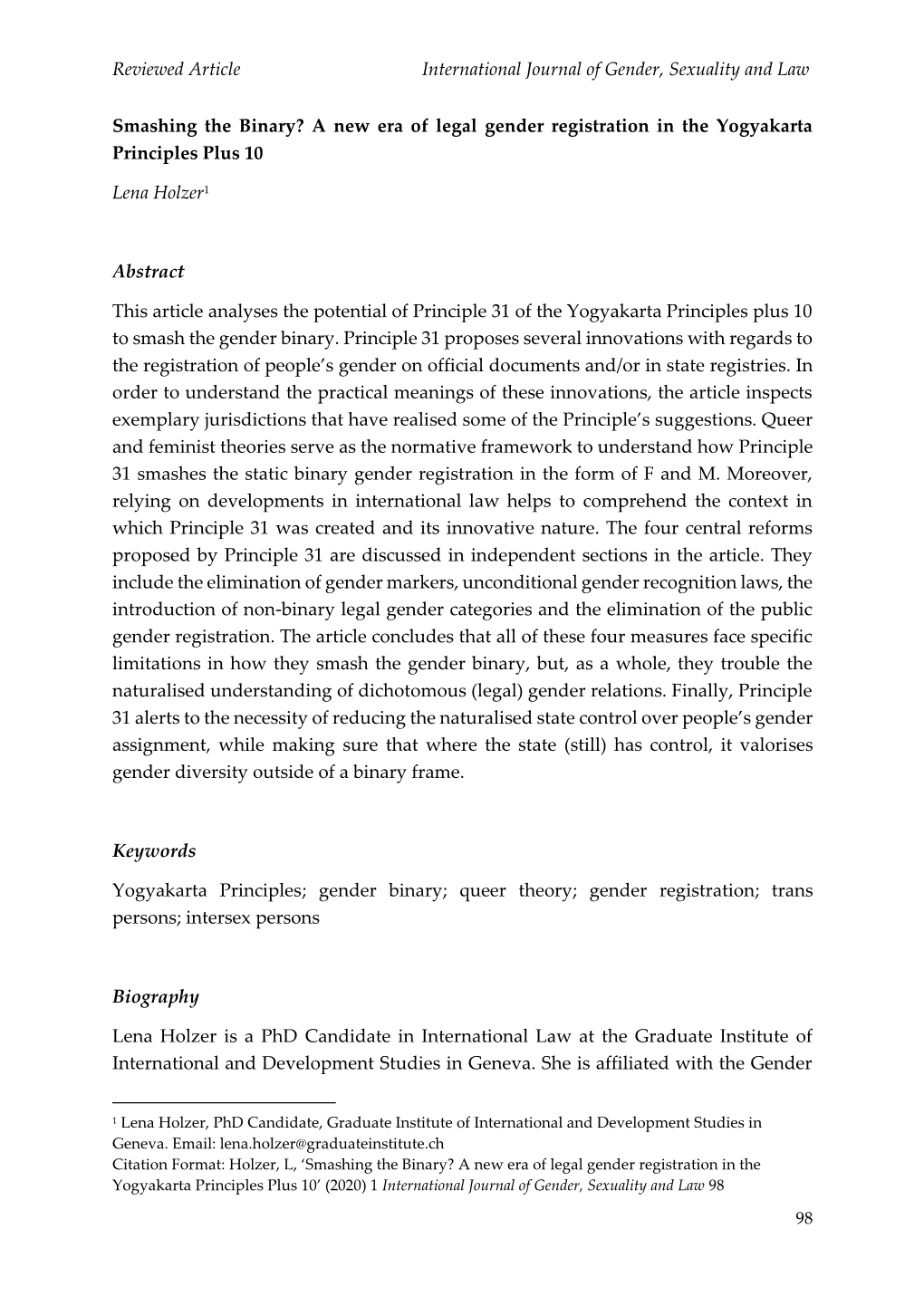 Reviewed Article International Journal of Gender, Sexuality and Law