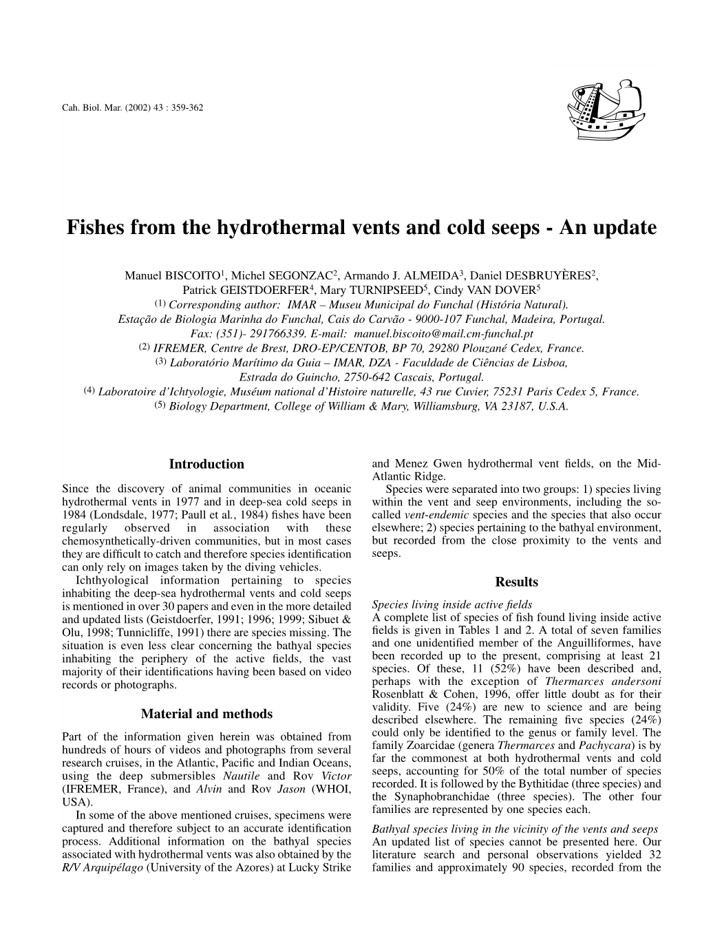 Fishes from the Hydrothermal Vents and Cold Seeps - an Update