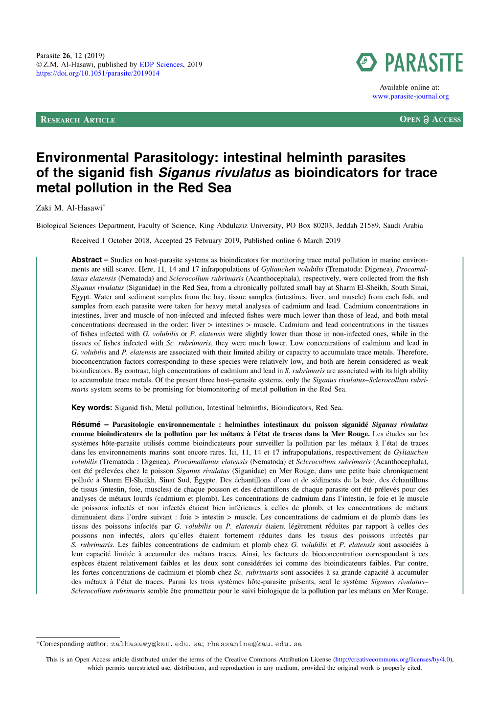 Intestinal Helminth Parasites of the Siganid Fish Siganus Rivulatus As Bioindicators for Trace Metal Pollution in the Red Sea