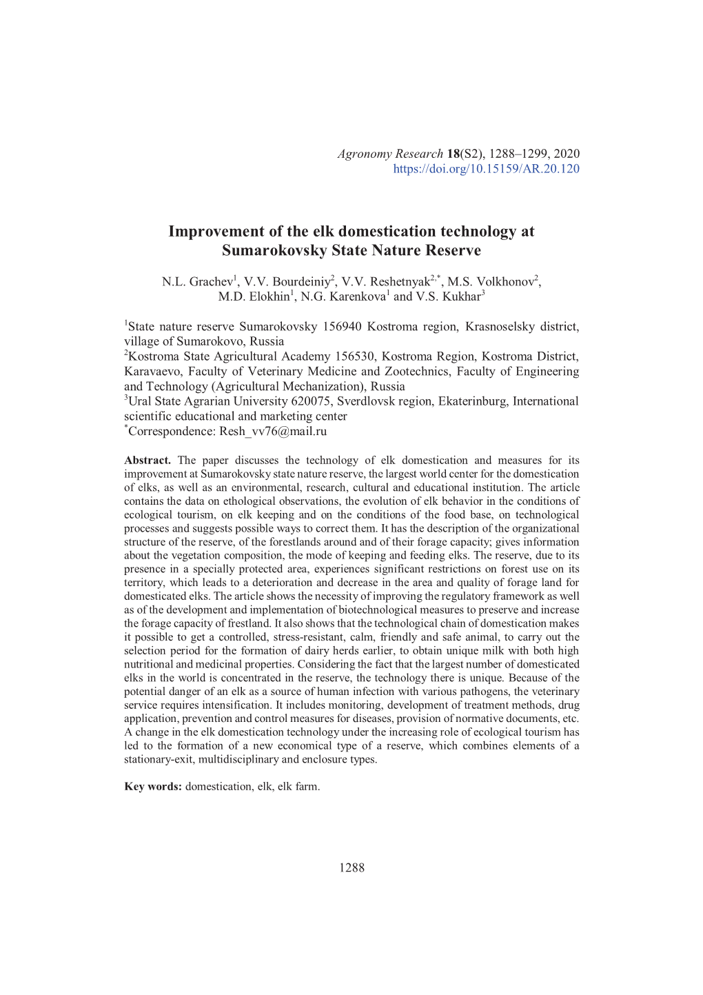 Improvement of the Elk Domestication Technology at Sumarokovsky State Nature Reserve