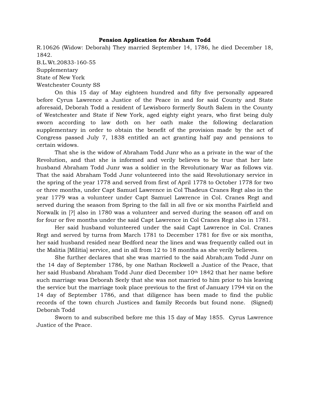 Pension Application for Abraham Todd R.10626 (Widow: Deborah) They Married September 14, 1786, He Died December 18, 1842