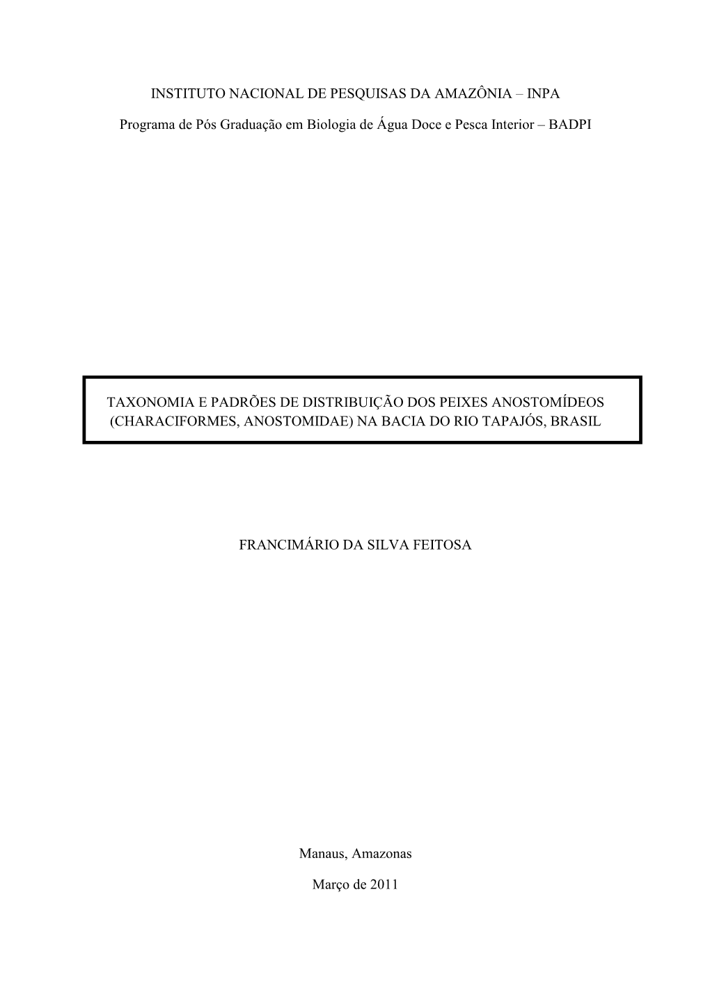 INPA Programa De Pós Graduação Em Biologia De Água Doce E Pesca