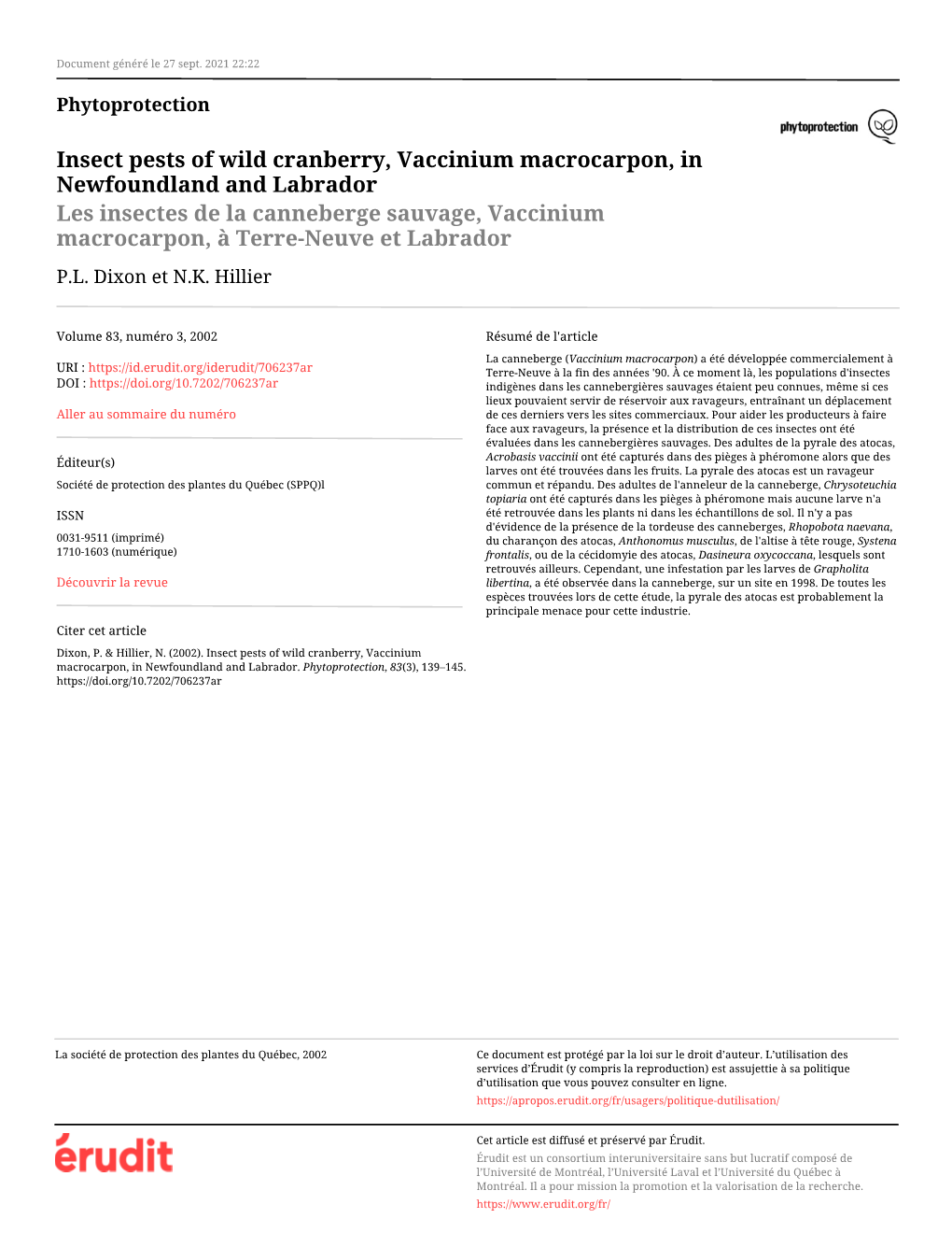 Insect Pests of Wild Cranberry, Vaccinium Macrocarpon, In