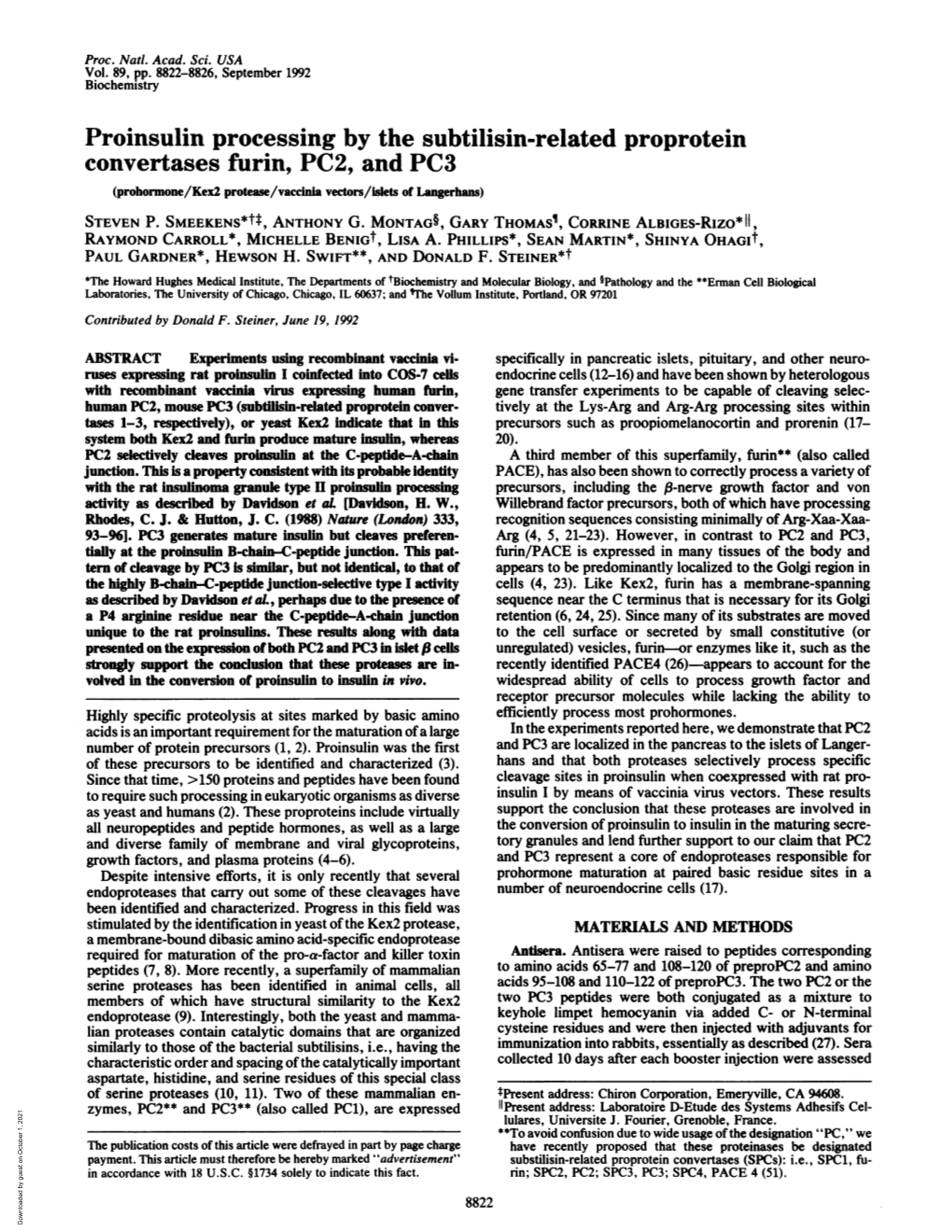 Proinsulin Processing by the Subtilisin-Related Proprotein Convertases Furin, PC2, and PC3 (Prohormone/Kex2 Protease/Vaccinia Vectors/Islets of Langerhans) STEVEN P