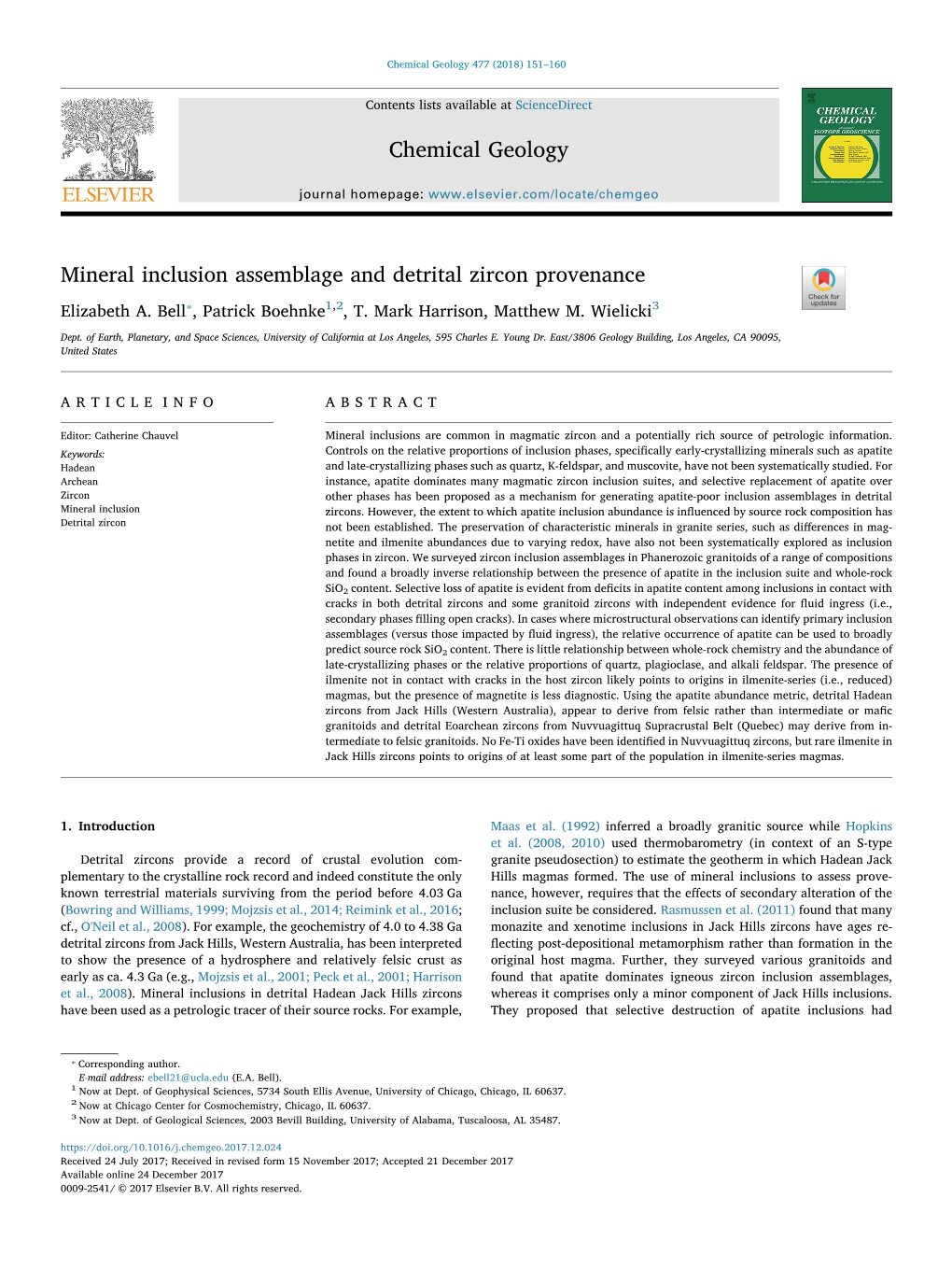 Chemical Geology Mineral Inclusion Assemblage and Detrital Zircon
