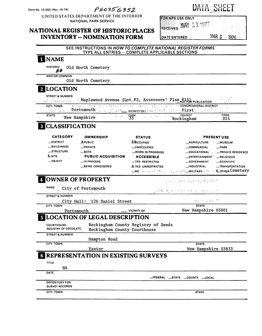 Data Sheet United States Department of the Interior National Park Service National Register of Historic Places Inventory -- Nomination Form