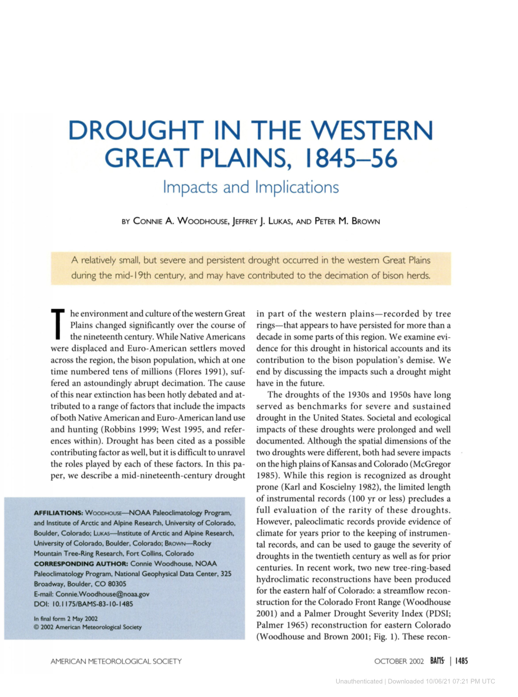 DROUGHT in the WESTERN GREAT PLAINS, 1845-56 Impacts and Implications