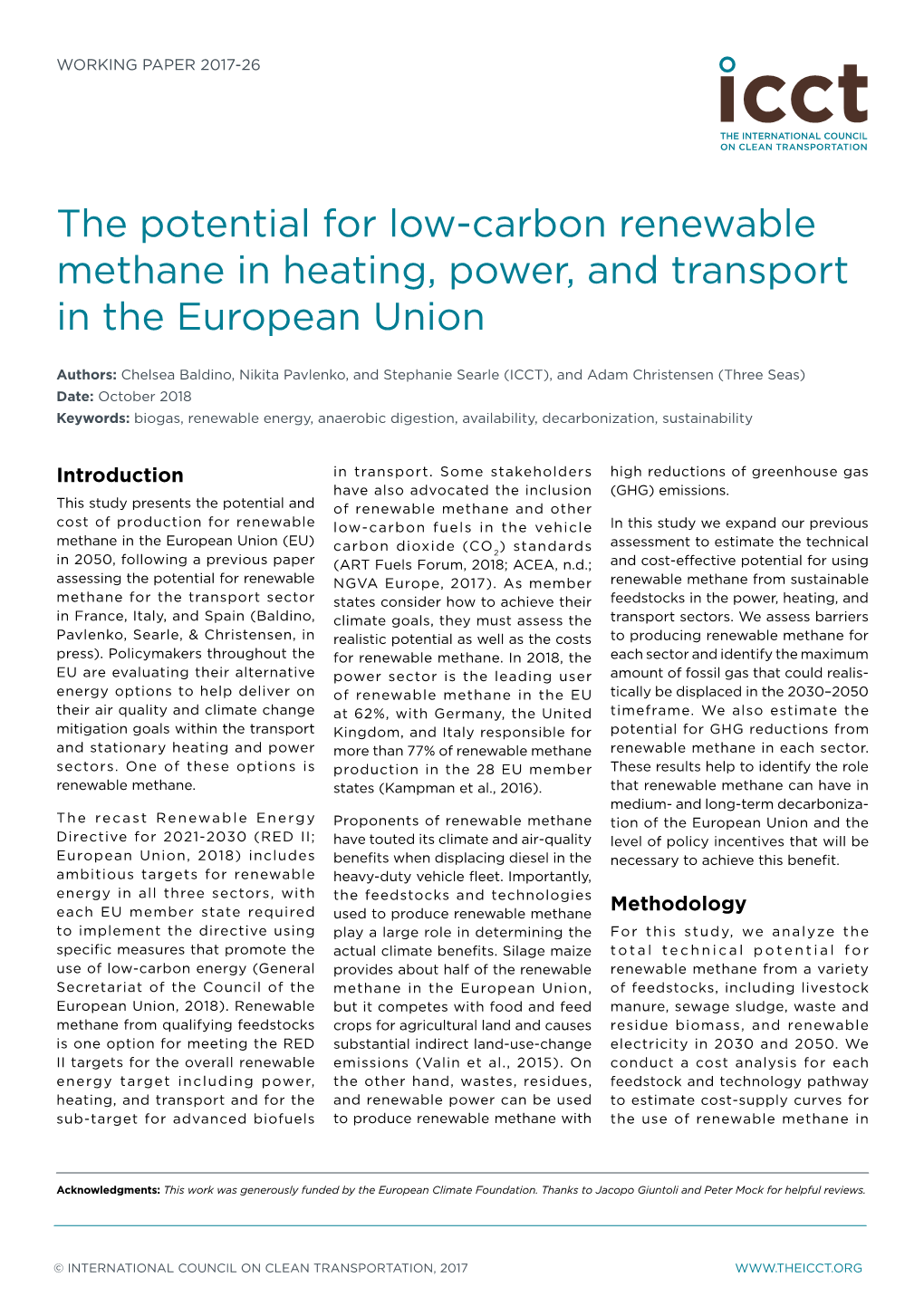 The Potential for Low-Carbon Renewable Methane in Heating, Power, and Transport in the European Union