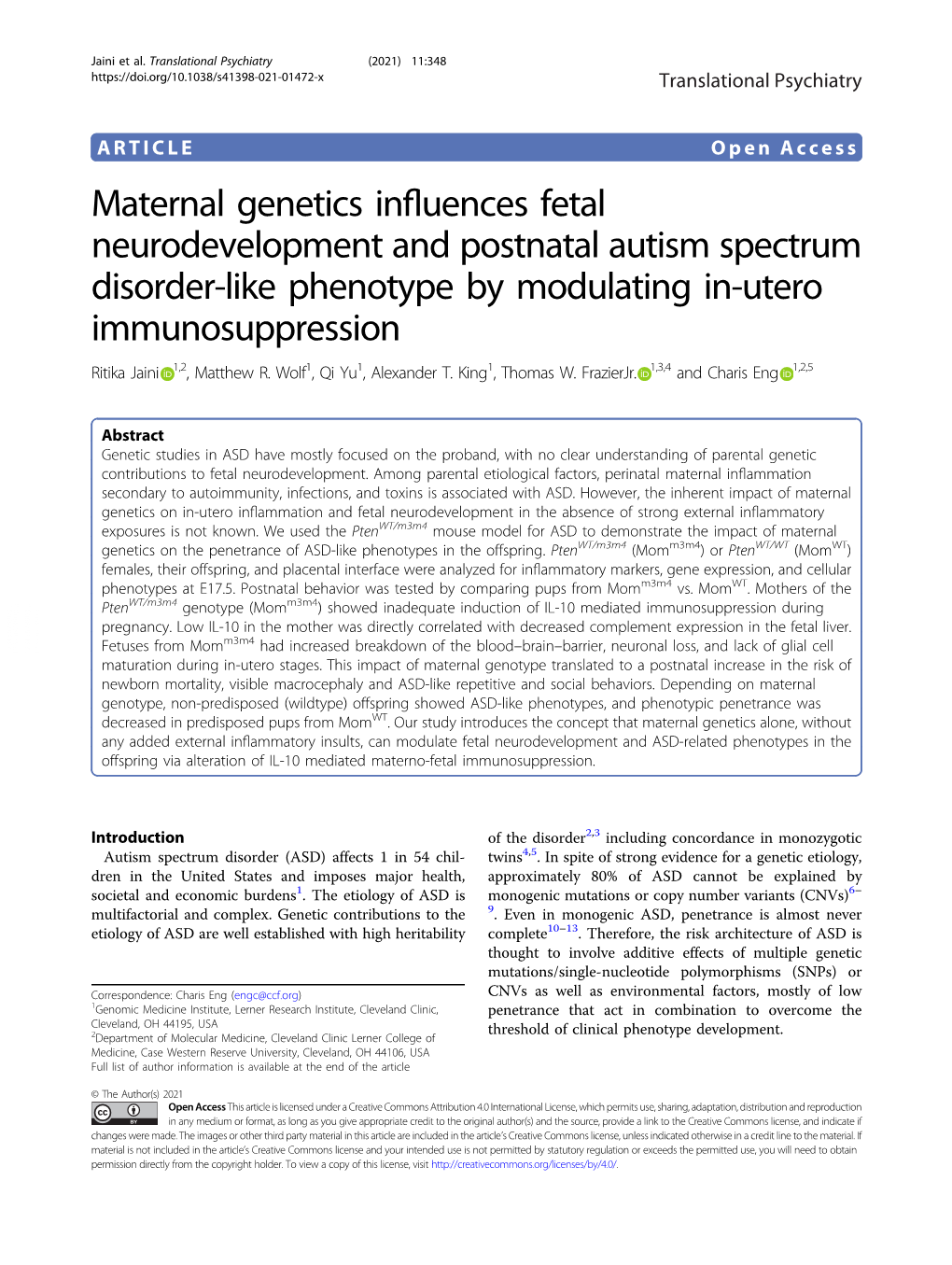 Maternal Genetics Influences Fetal Neurodevelopment and Postnatal