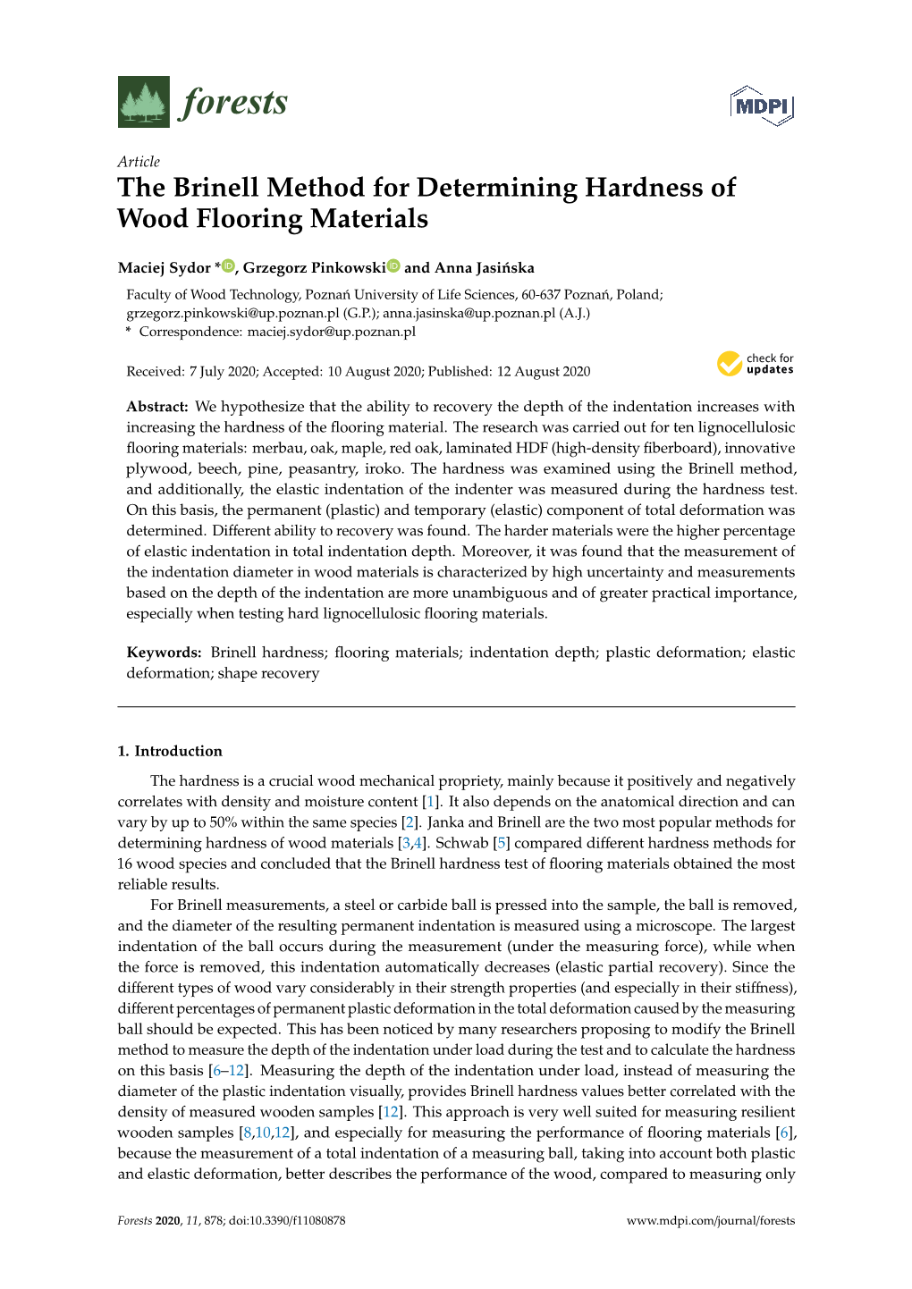 The Brinell Method for Determining Hardness of Wood Flooring Materials