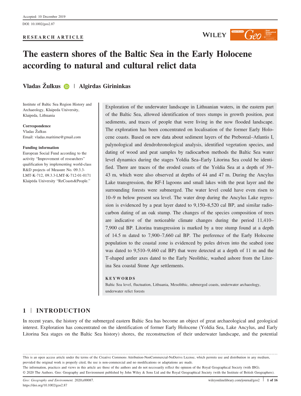 The Eastern Shores of the Baltic Sea in the Early Holocene According to Natural and Cultural Relict Data