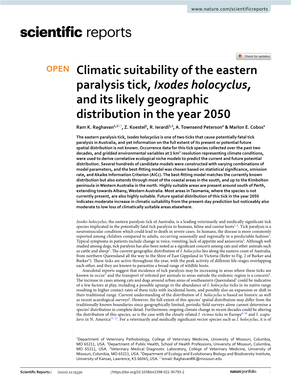 Climatic Suitability of the Eastern Paralysis Tick, Ixodes Holocyclus, and Its Likely Geographic Distribution in the Year 2050 Ram K