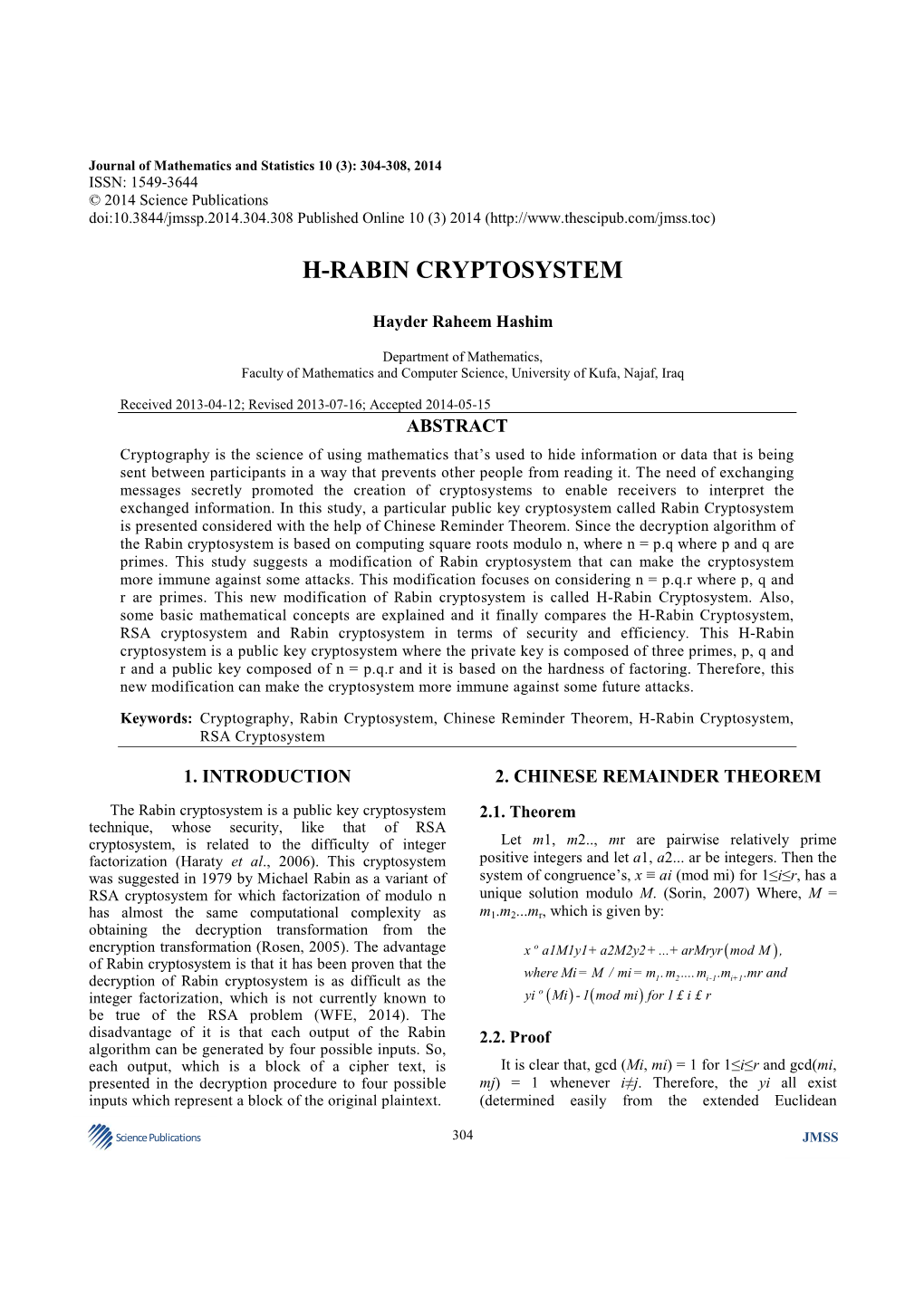 H-Rabin Cryptosystem